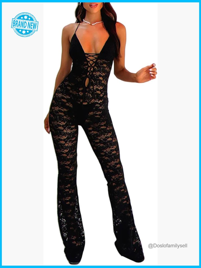 See Through Lace One Piece Jumpsuit Wide Leg Romper Halter V Neck